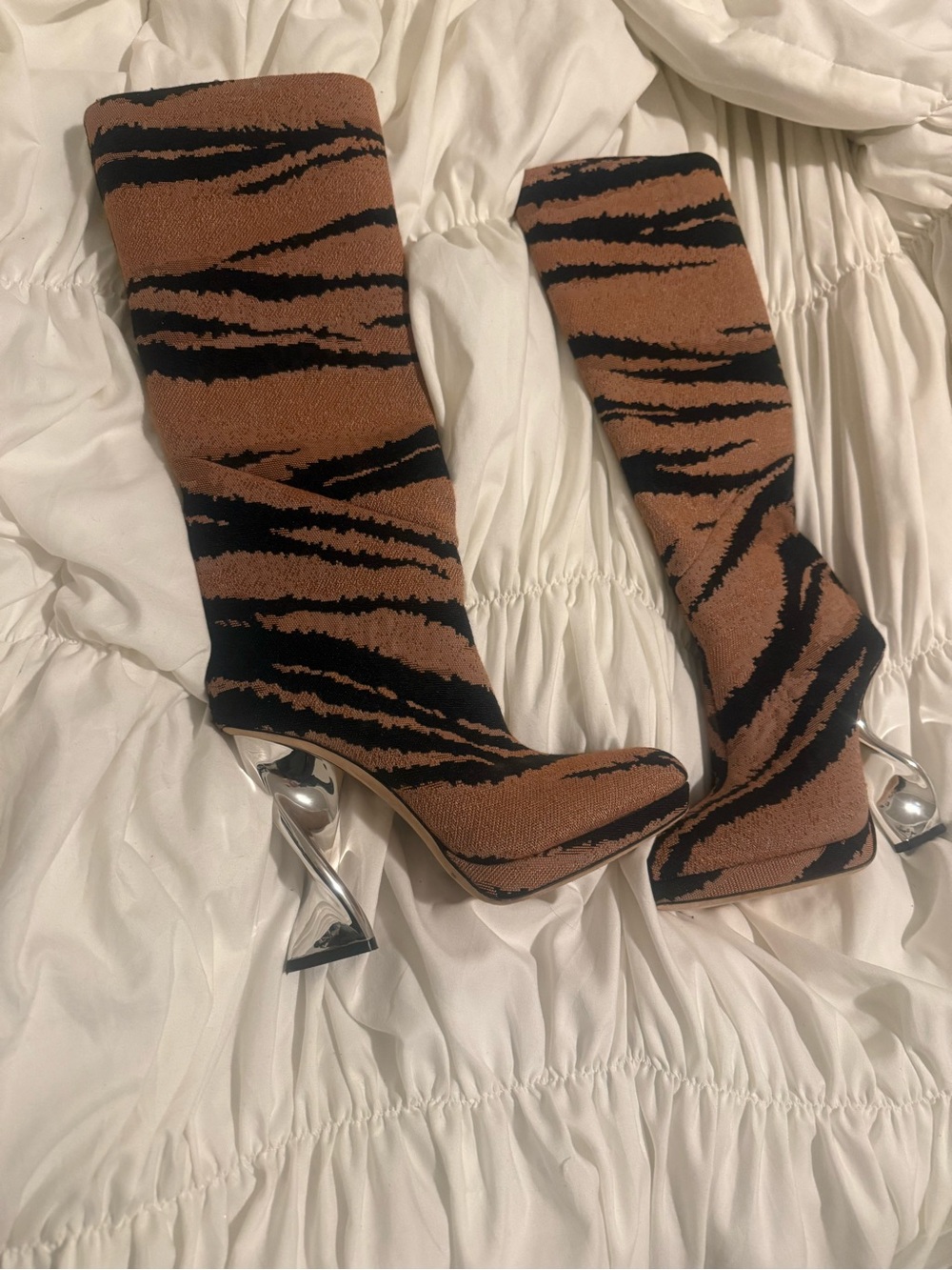 Brandon Maxwell Jacquard Brown and Black Tiger-Stripe Over-the-Knee Boots